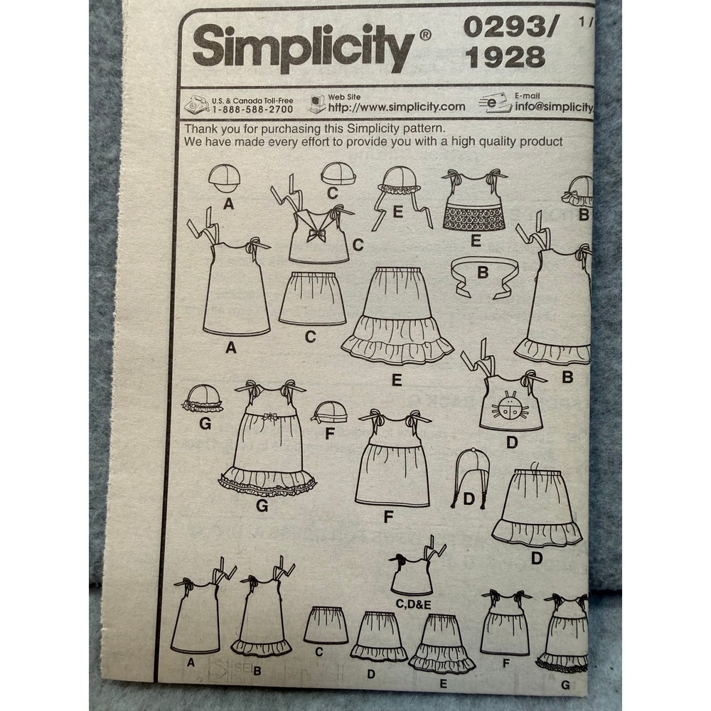 Simplicity Sewing Pattern 0293 18" Doll Clothes New Uncut Dress Hat Wardrobe DIY - Picture 3 of 11